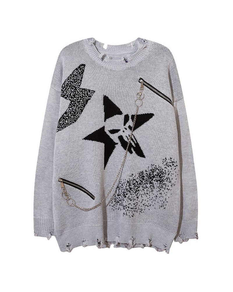 Chain Zipper Lazy Star Sweater - Image 4