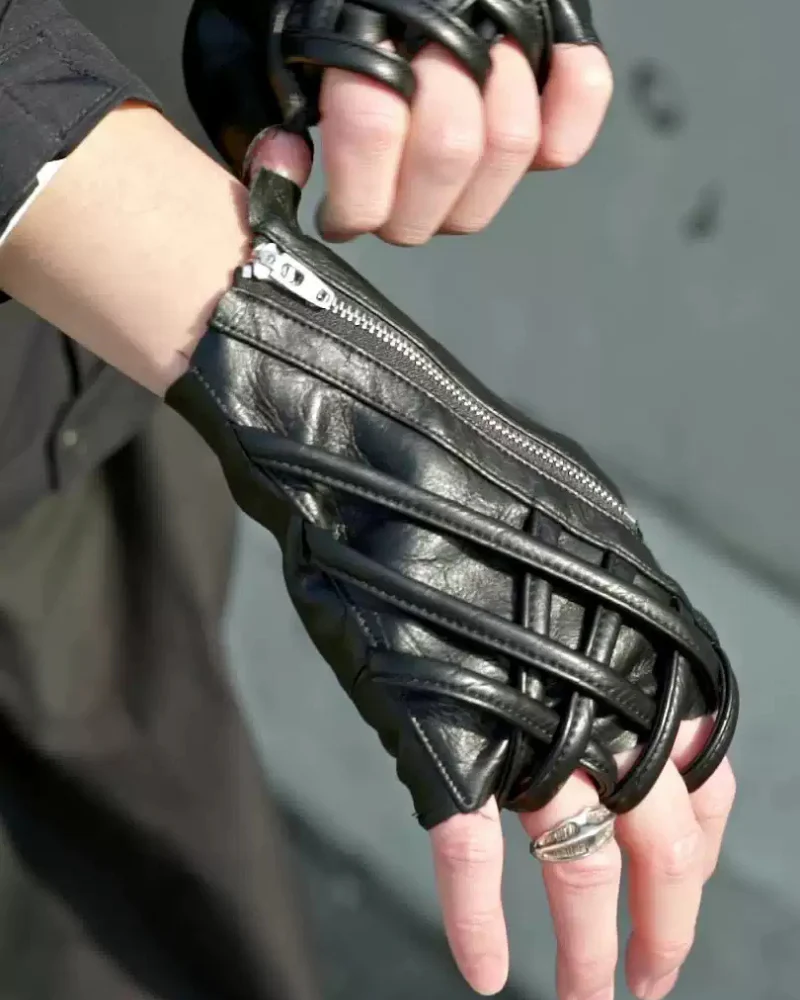 Cyberpunk Functional Zipper Motorcycle Fingerless Gloves - Image 4