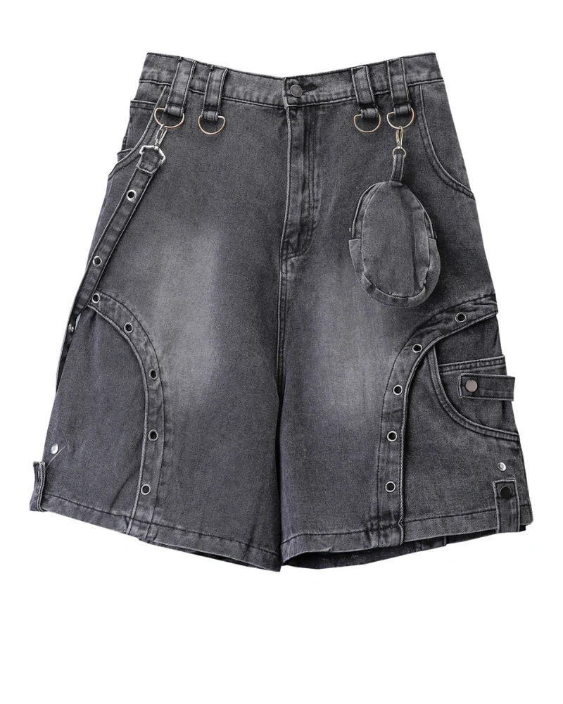 Cyberpunk Techwear Distressed Denim Cargo Shorts - Image 2