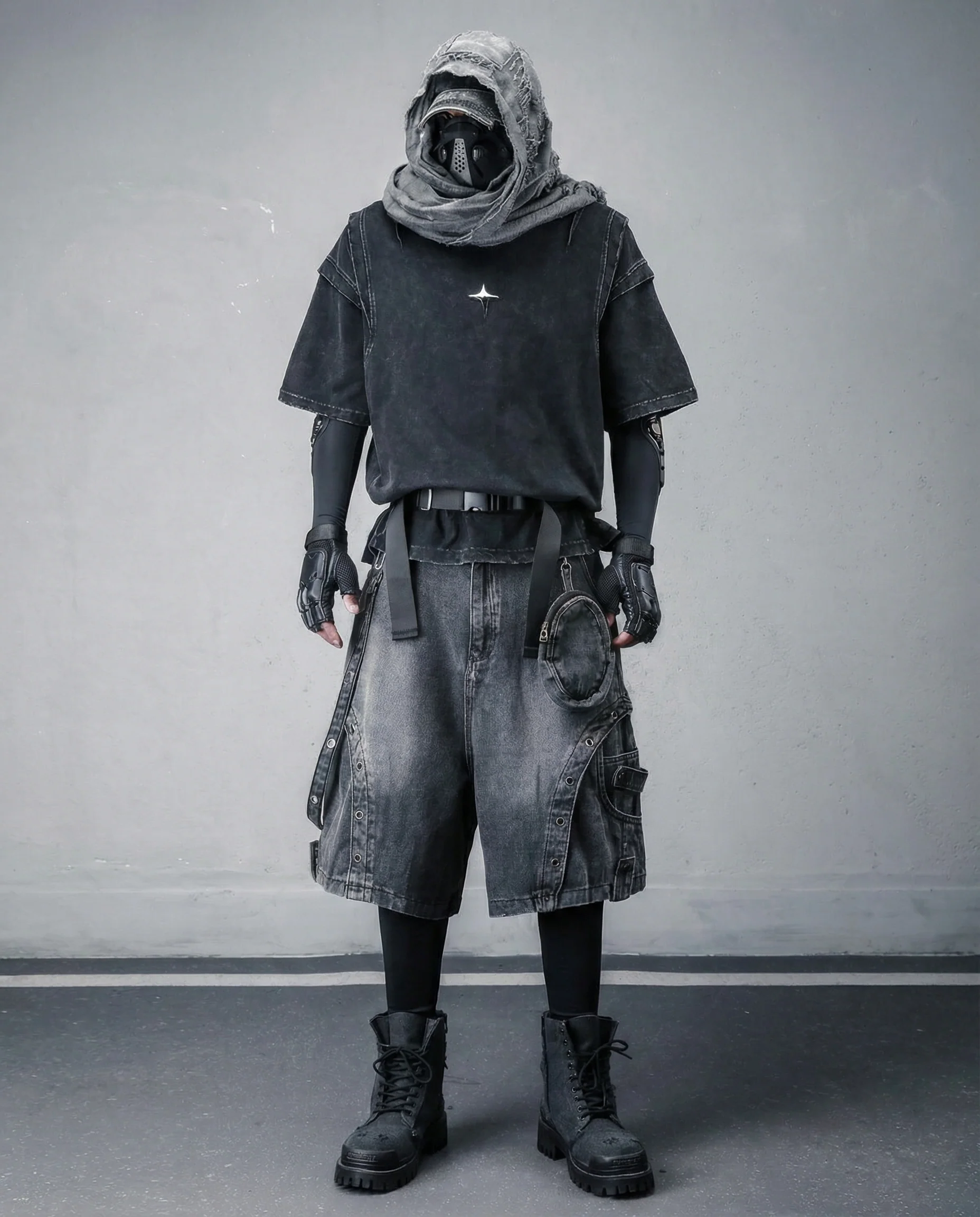 Cyberpunk Techwear Distressed Denim Cargo Shorts - Image 6