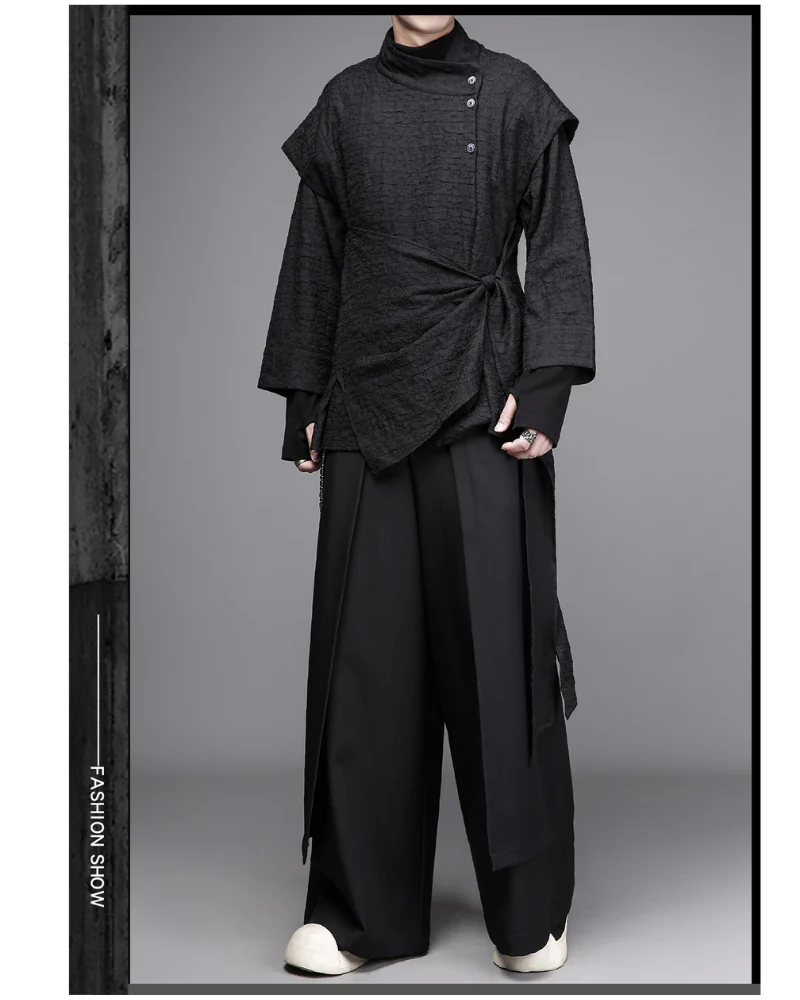 Dark Modern Japanese Asymmetrical Robe Shirt - Image 4