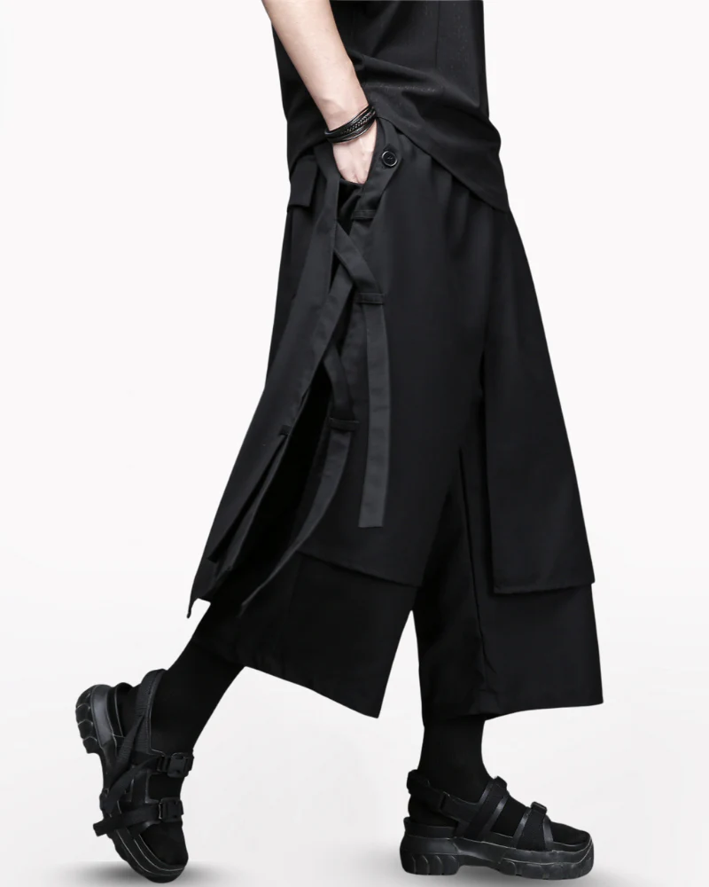 Dark Modern Japanese Loose Faux-Layer Hakama Pants
