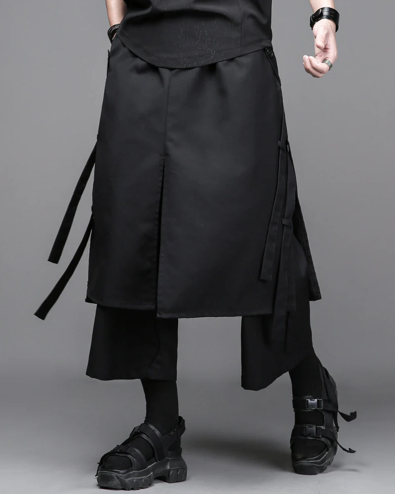 Dark Modern Japanese Loose Faux-Layer Hakama Pants - Image 3