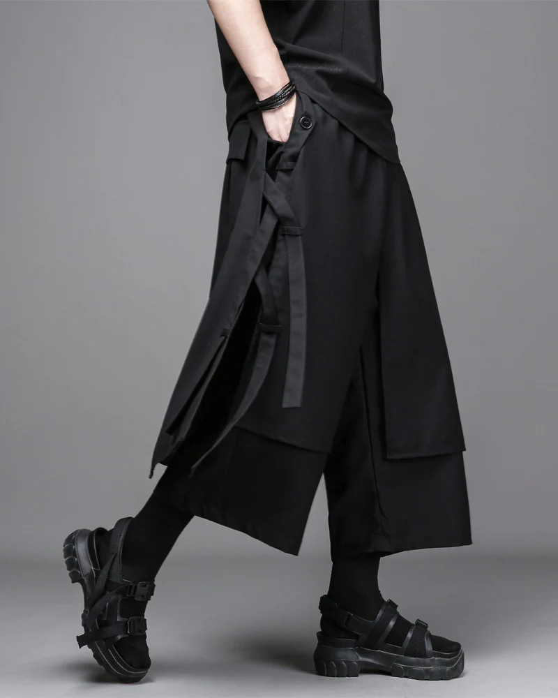Dark Modern Japanese Loose Faux-Layer Hakama Pants - Image 4