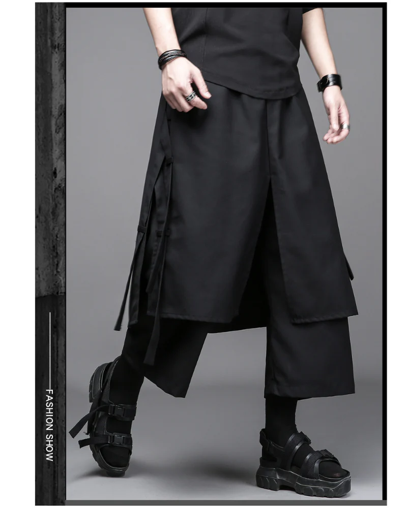 Dark Modern Japanese Loose Faux-Layer Hakama Pants - Image 5