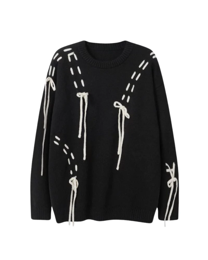 Color Block Drawstring Round Neck Lover Sweater - Image 7