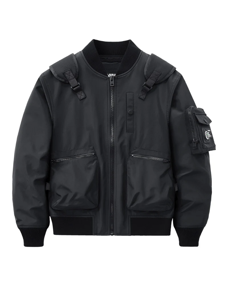 Functional Fake Two Piece Backpack Bomber Jacket - Image 4