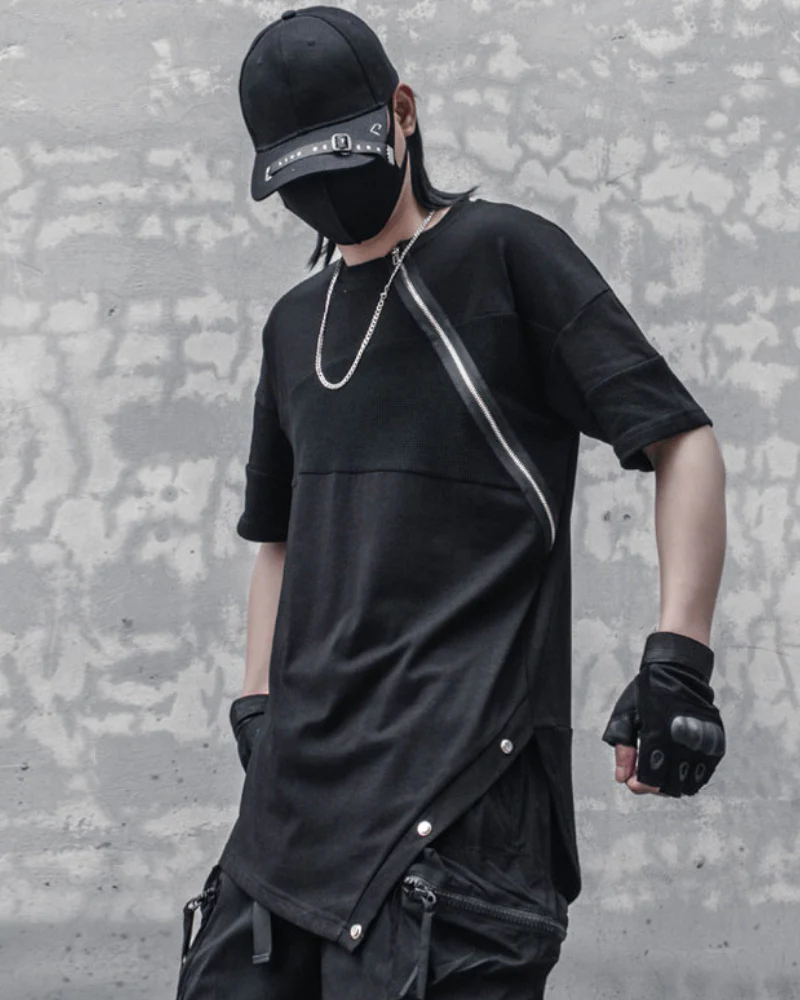 Functional Irregular Stitching Zipper Triangle Hem T-Shirt - Image 3