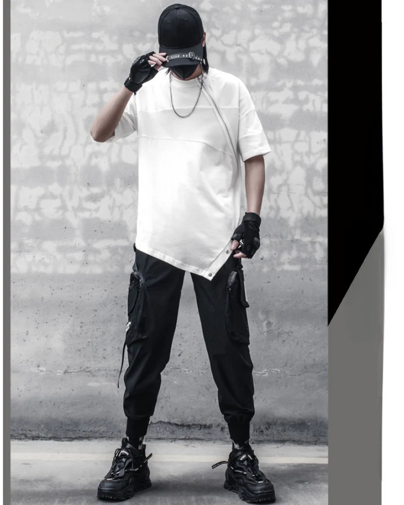 Functional Irregular Stitching Zipper Triangle Hem T-Shirt - Image 6