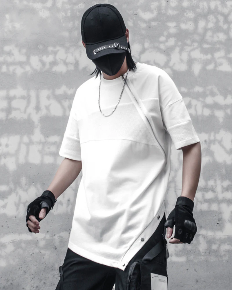 Functional Irregular Stitching Zipper Triangle Hem T-Shirt - Image 7