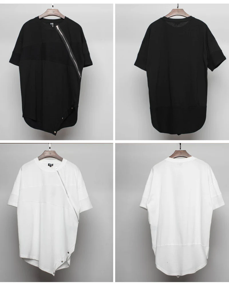 Functional Irregular Stitching Zipper Triangle Hem T-Shirt - Image 9