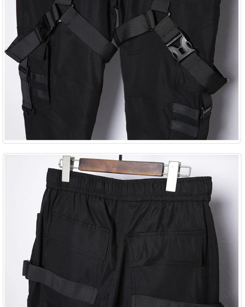 Functional Multi-Ribbon Buckle Black Cargo Pants - Image 10