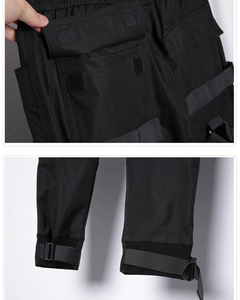 Functional Multi-Ribbon Buckle Black Cargo Pants - Image 11