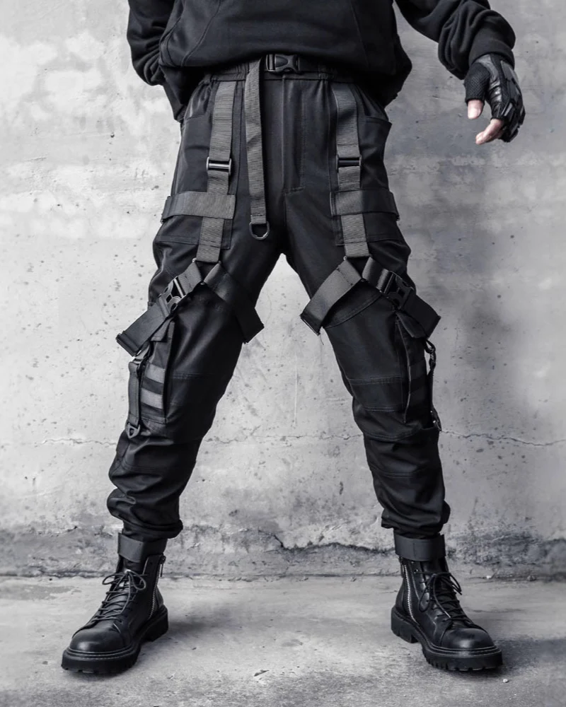 Functional Multi-Ribbon Buckle Black Cargo Pants - Image 2