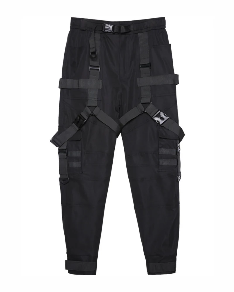 Functional Multi-Ribbon Buckle Black Cargo Pants - Image 3
