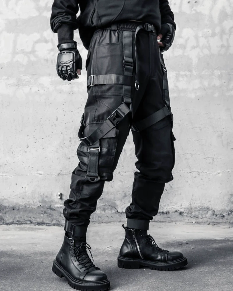 Functional Multi-Ribbon Buckle Black Cargo Pants - Image 4