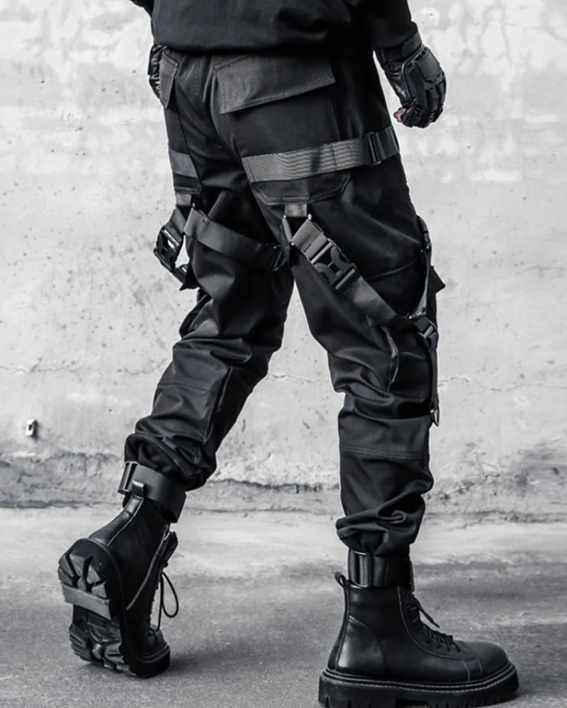 Functional Multi-Ribbon Buckle Black Cargo Pants - Image 5
