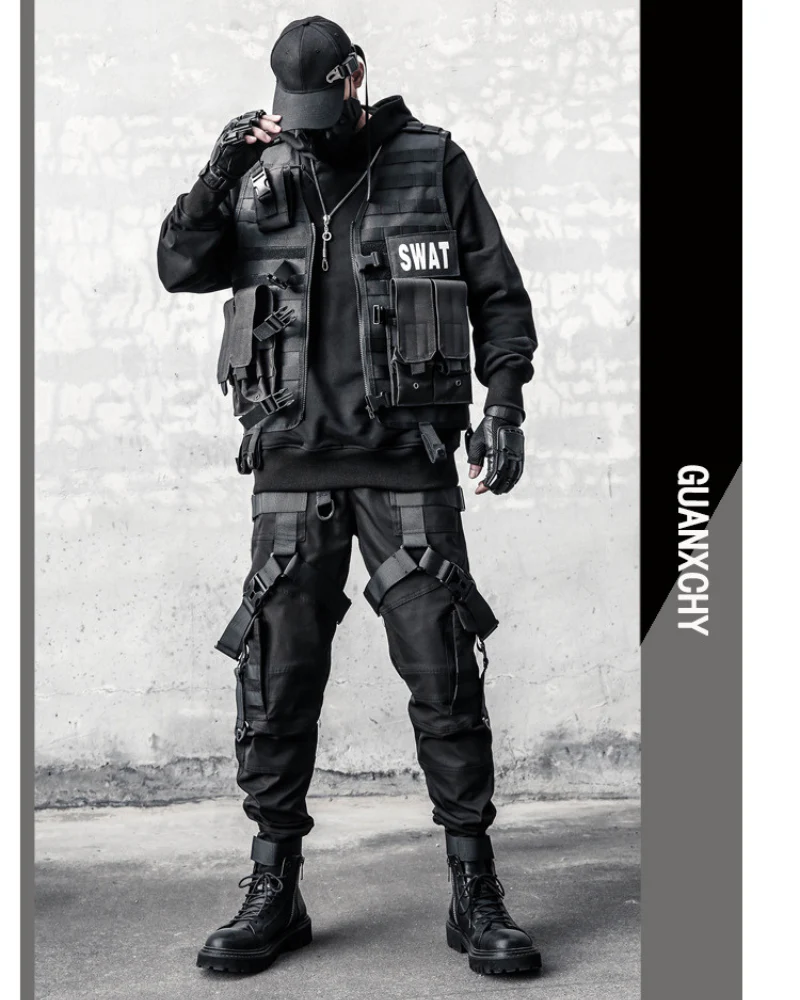 Functional Multi-Ribbon Buckle Black Cargo Pants - Image 6