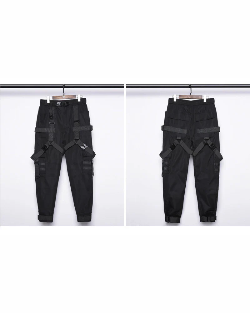 Functional Multi-Ribbon Buckle Black Cargo Pants - Image 8