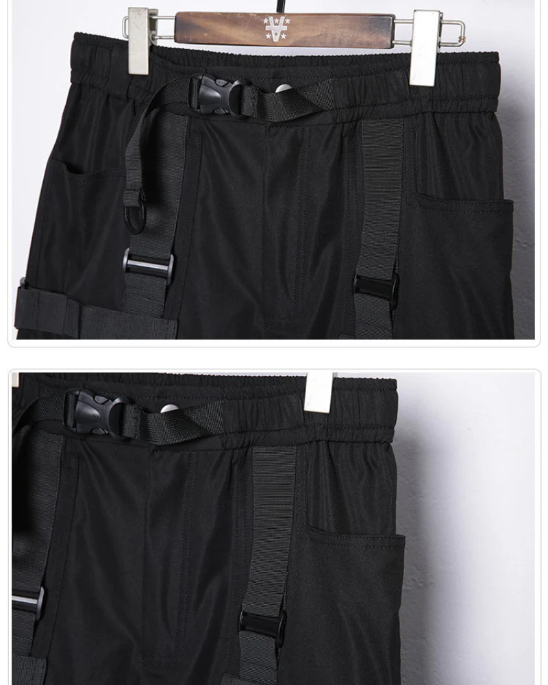 Functional Multi-Ribbon Buckle Black Cargo Pants - Image 9
