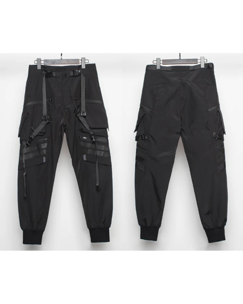 Functional Ribbon Belt Paratrooper Black Cargo Pants - Image 7