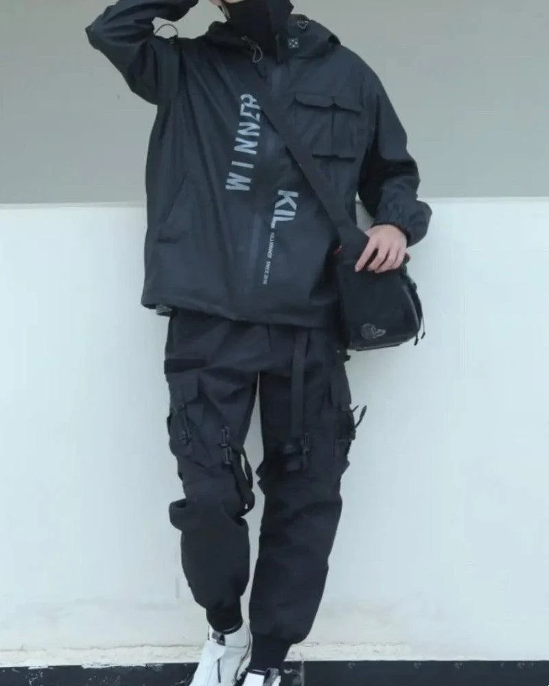Functional Ribbon Pocket Black Cargo Pants - Image 5