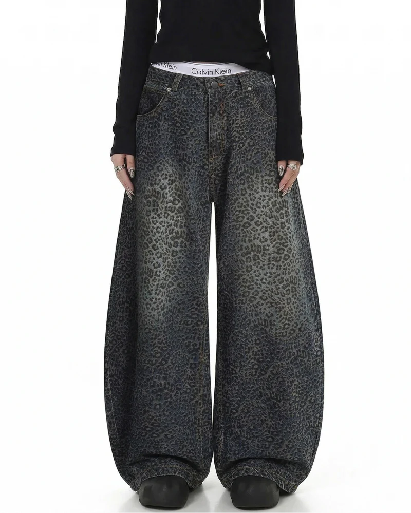 Gradient Leopard Print Wide-Leg Unisex Baggy Jeans - Image 3