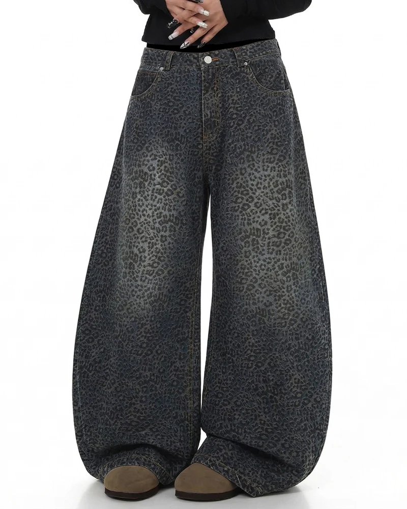 Gradient Leopard Print Wide-Leg Unisex Baggy Jeans - Image 4