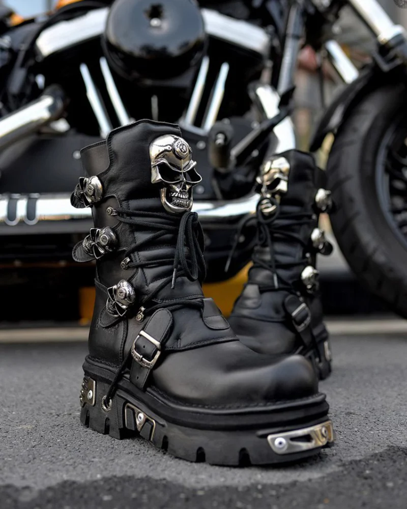Harley Motorcycle Skull Punk Couple Handmade Martin Boots - Image 12