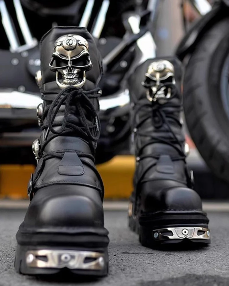 Harley Motorcycle Skull Punk Couple Handmade Martin Boots - Image 8