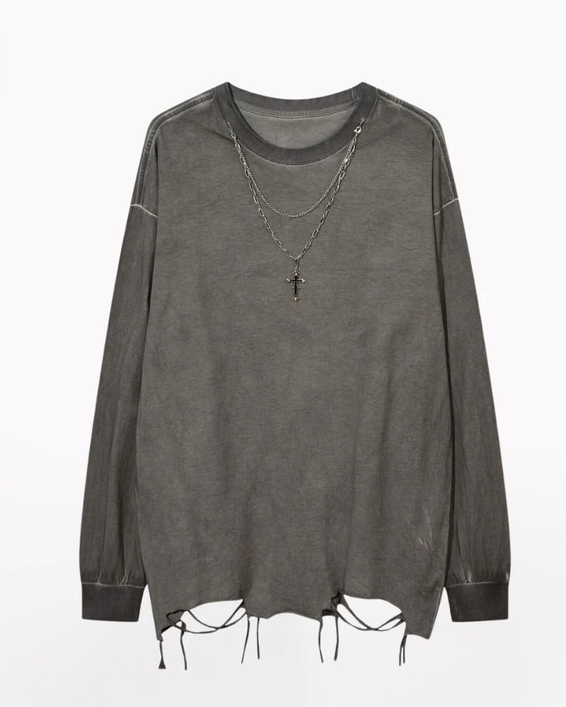 High Street Distressed Raw-Hem Long-Sleeve T-Shirt - Image 10
