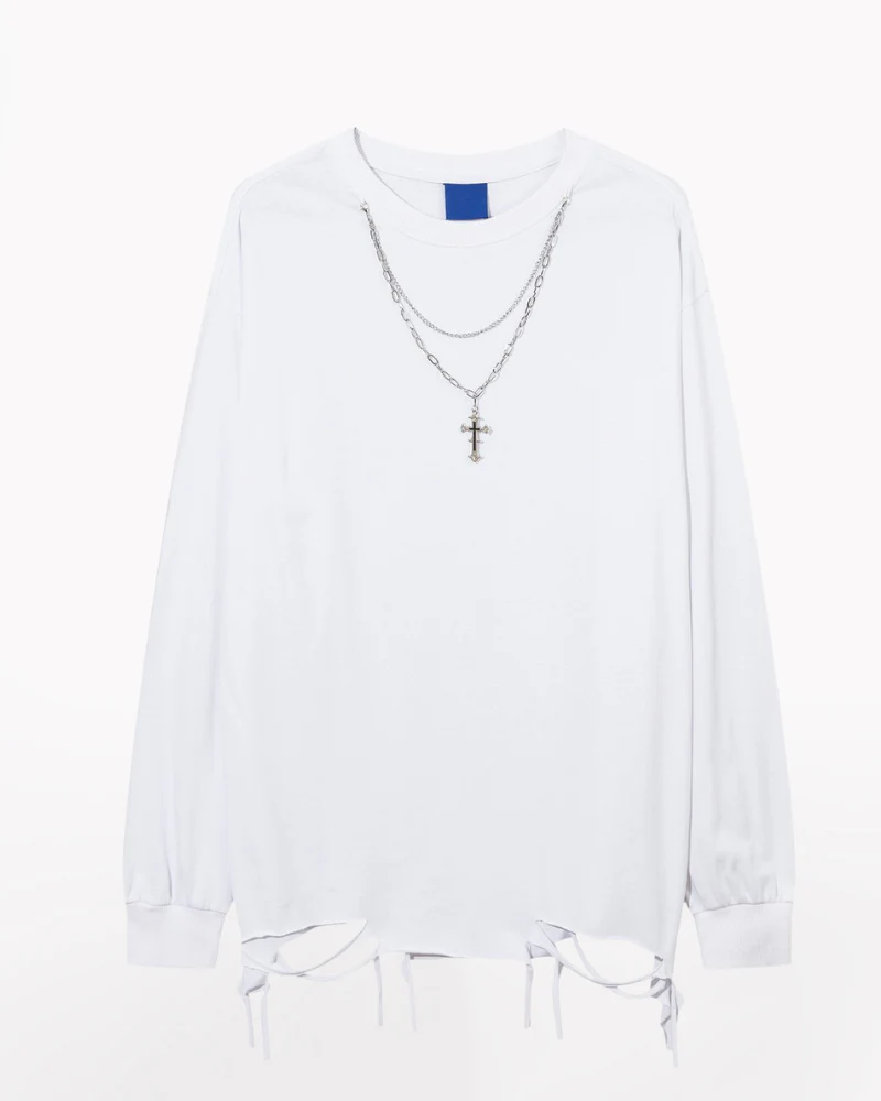 High Street Distressed Raw-Hem Long-Sleeve T-Shirt - Image 11