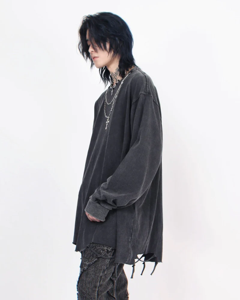 High Street Distressed Raw-Hem Long-Sleeve T-Shirt - Image 4