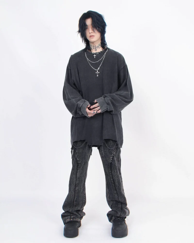 High Street Distressed Raw-Hem Long-Sleeve T-Shirt - Image 5