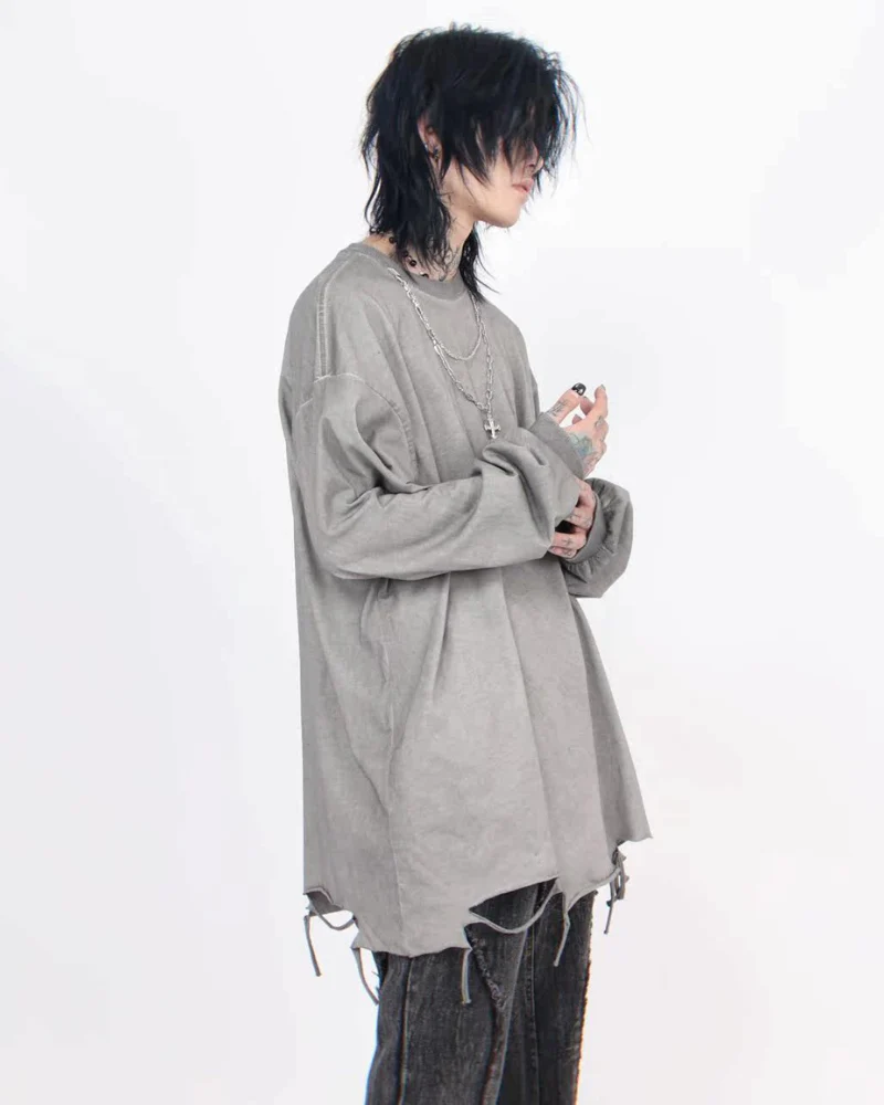 High Street Distressed Raw-Hem Long-Sleeve T-Shirt - Image 6