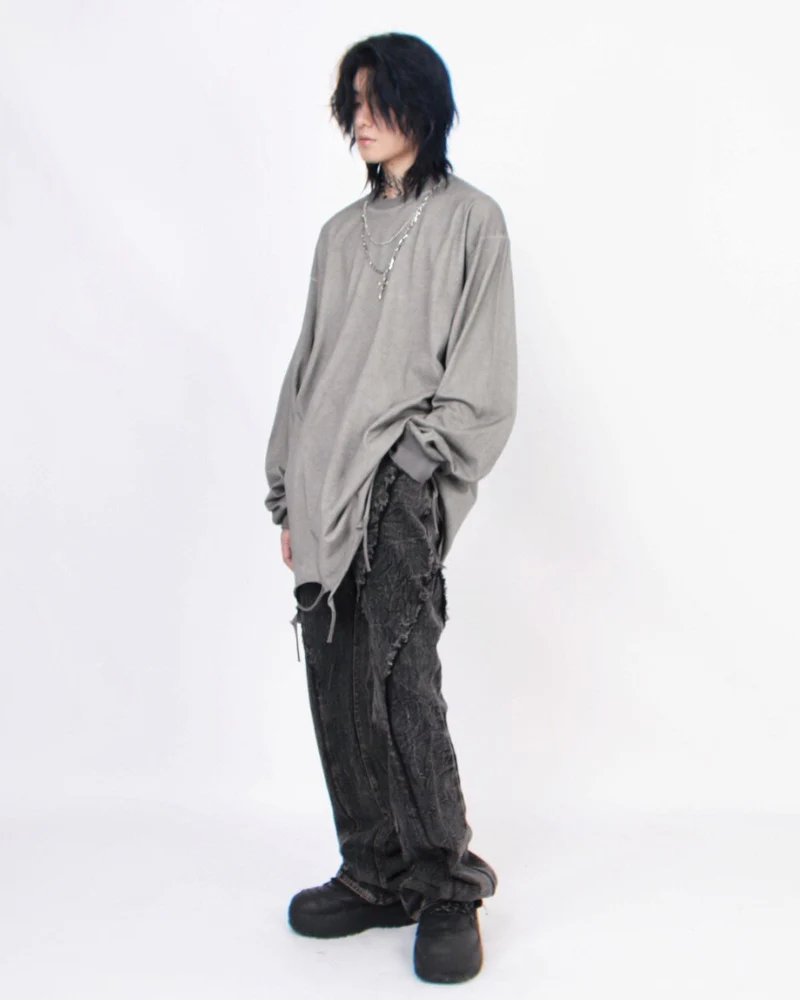 High Street Distressed Raw-Hem Long-Sleeve T-Shirt - Image 7