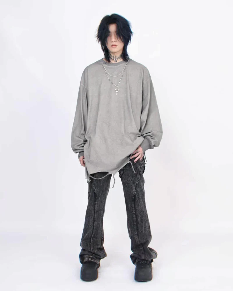 High Street Distressed Raw-Hem Long-Sleeve T-Shirt - Image 8
