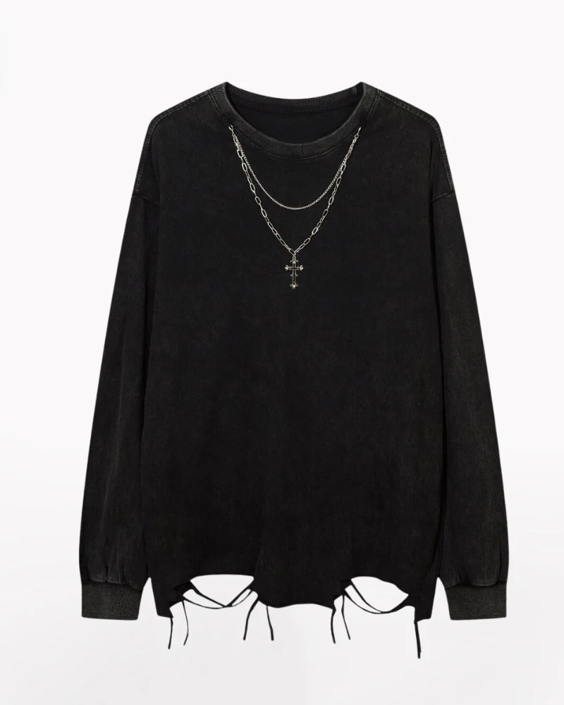 High Street Distressed Raw-Hem Long-Sleeve T-Shirt - Image 9