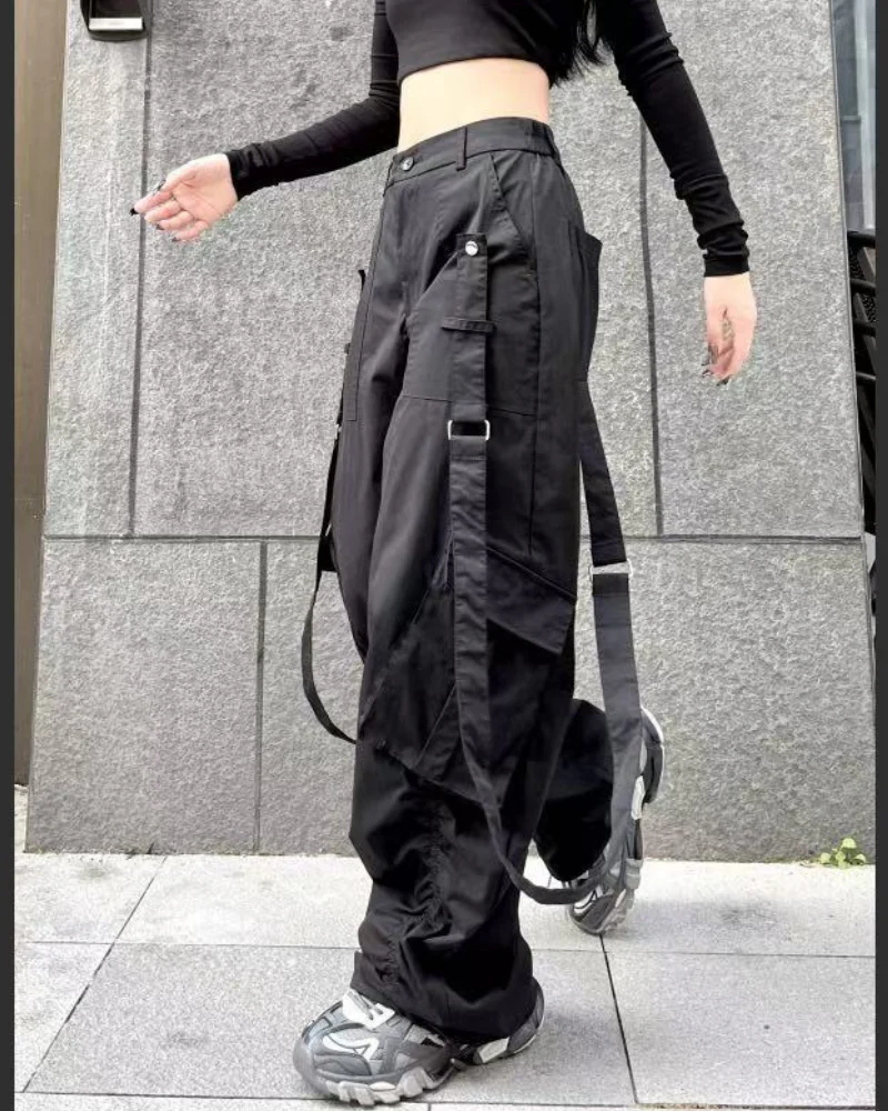 Hip-Hop Women Ribbon Wide-Leg Cargo Pants - Image 2