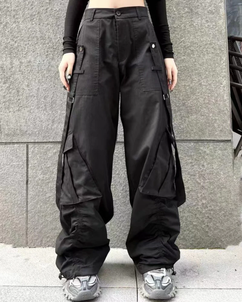 Hip-Hop Women Ribbon Wide-Leg Cargo Pants - Image 3