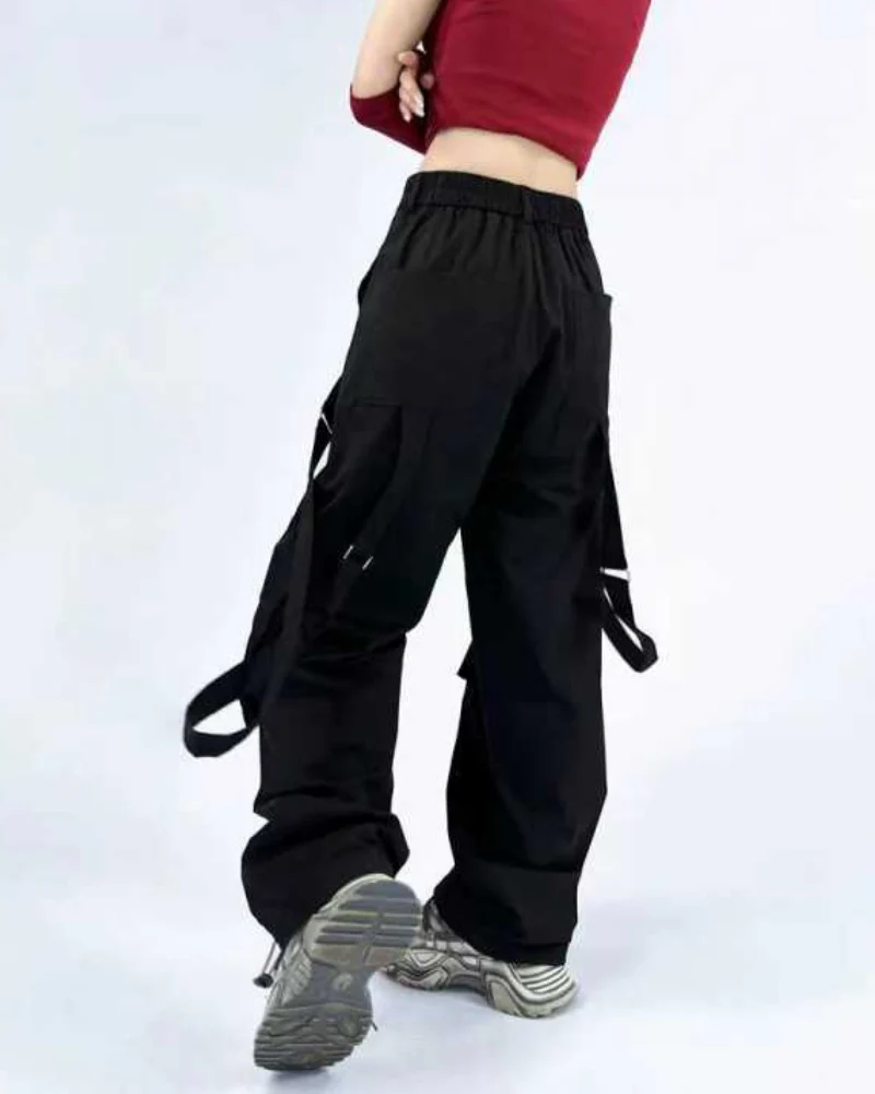 Hip-Hop Women Ribbon Wide-Leg Cargo Pants - Image 6