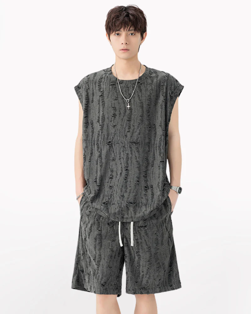 Men's Summer Hollow Hole Sleeveless T-Shirt & Shorts Set