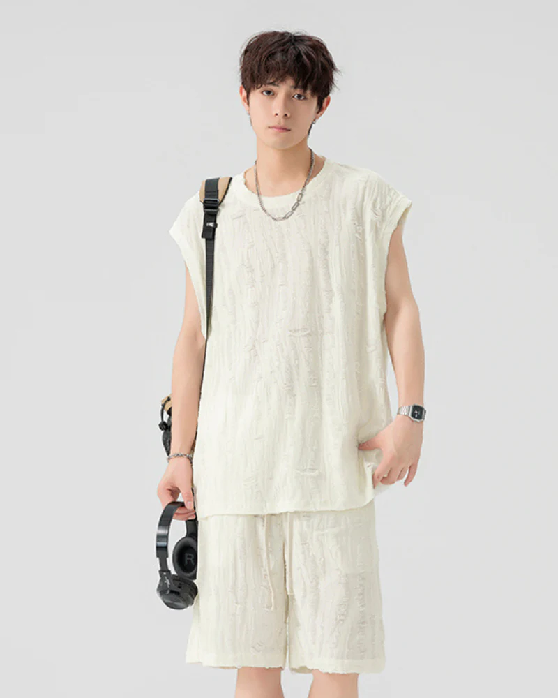 Men's Summer Hollow Hole Sleeveless T-Shirt & Shorts Set - Image 3