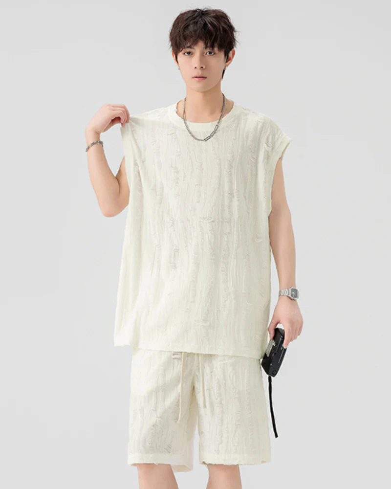 Men's Summer Hollow Hole Sleeveless T-Shirt & Shorts Set - Image 4