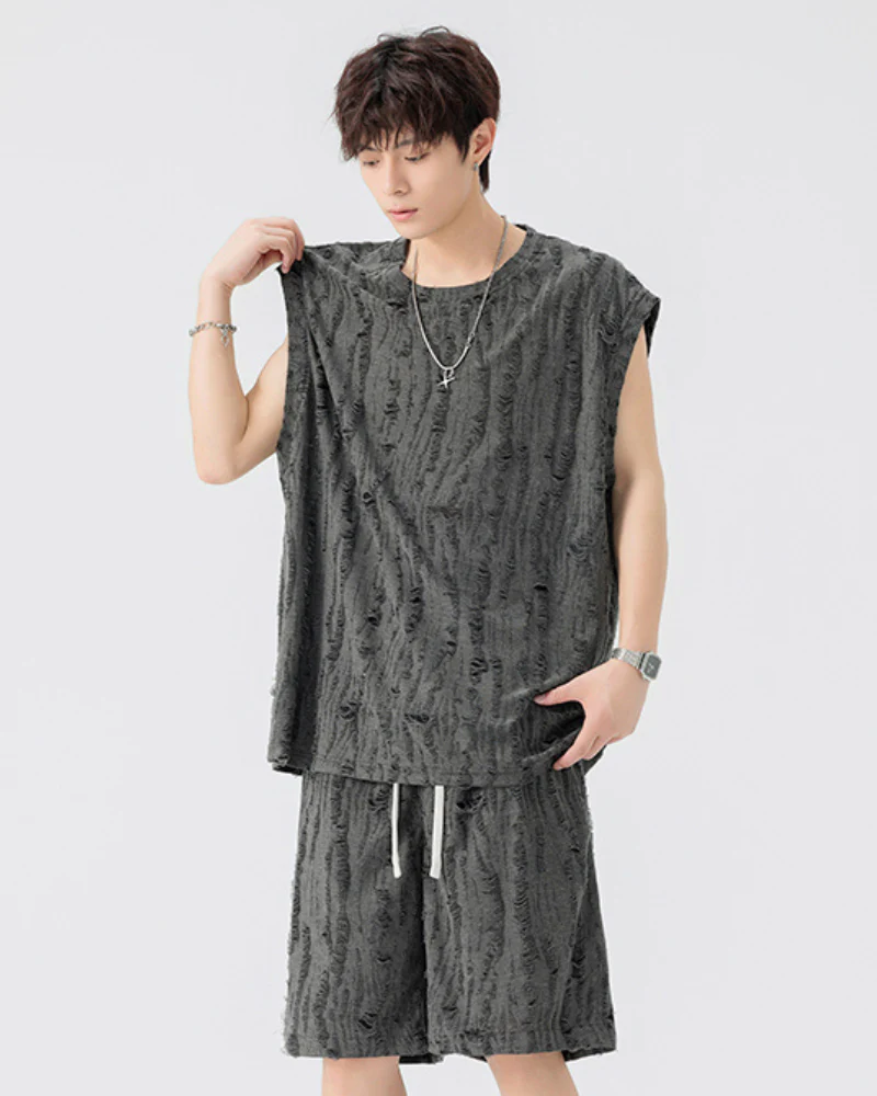 Men's Summer Hollow Hole Sleeveless T-Shirt & Shorts Set - Image 5