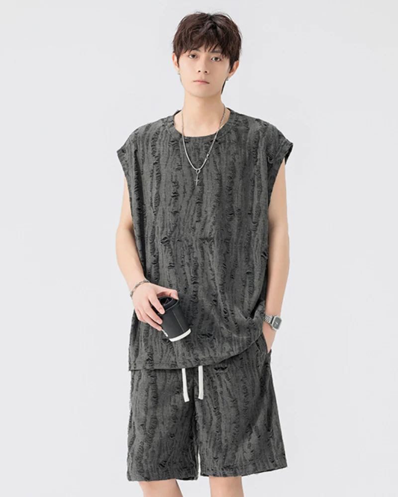 Men's Summer Hollow Hole Sleeveless T-Shirt & Shorts Set - Image 6