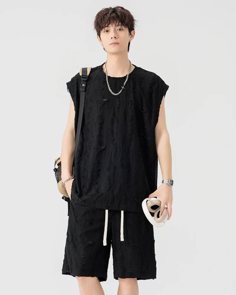 Men's Summer Hollow Hole Sleeveless T-Shirt & Shorts Set - Image 7