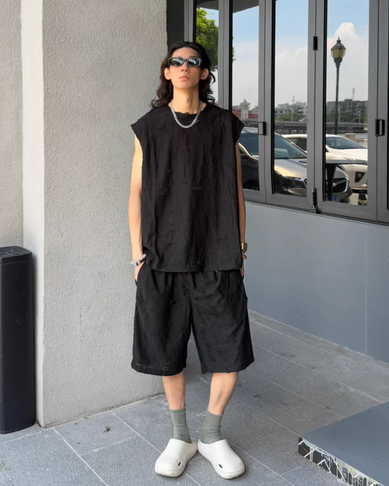 Men's Summer Hollow Hole Sleeveless T-Shirt & Shorts Set - Image 9