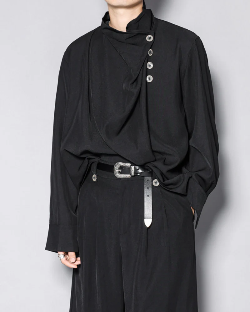 Modern Japanese Half-Stand Draped Collar Long-Sleeve Shirt - Image 3