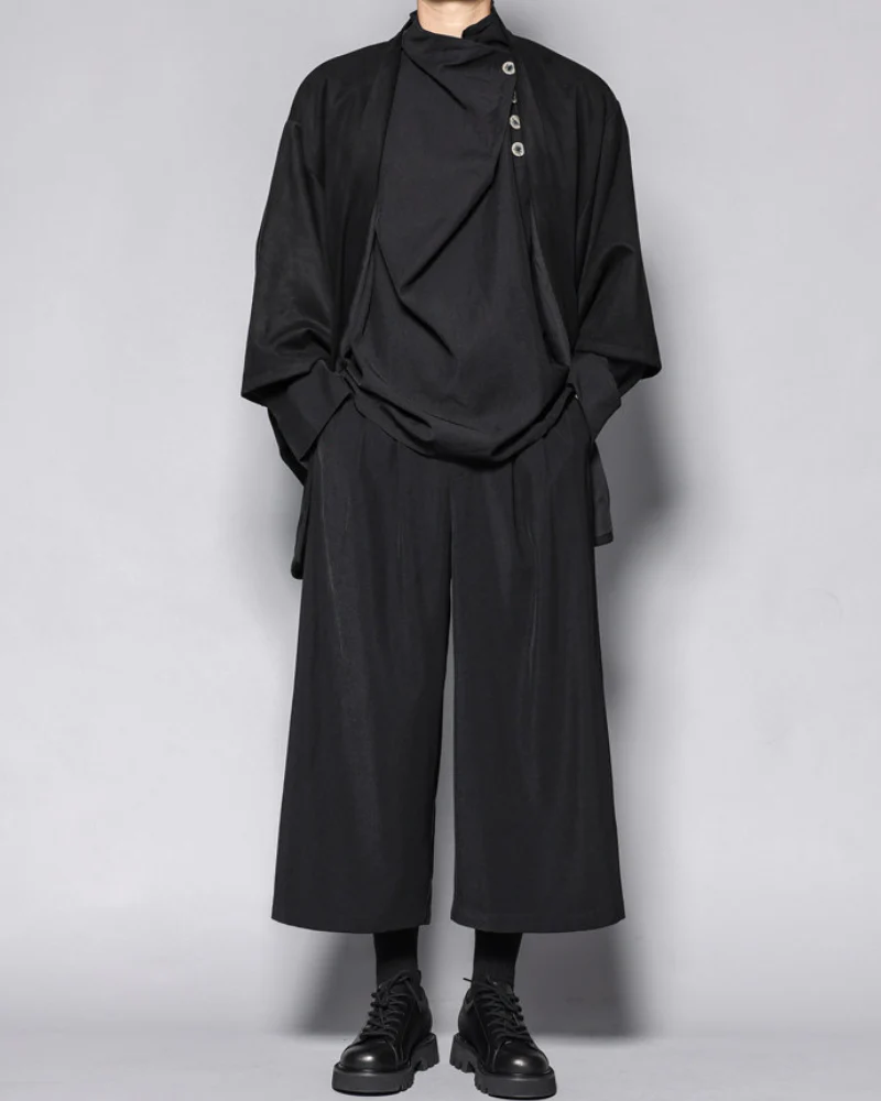 Modern Japanese Half-Stand Draped Collar Long-Sleeve Shirt - Image 5